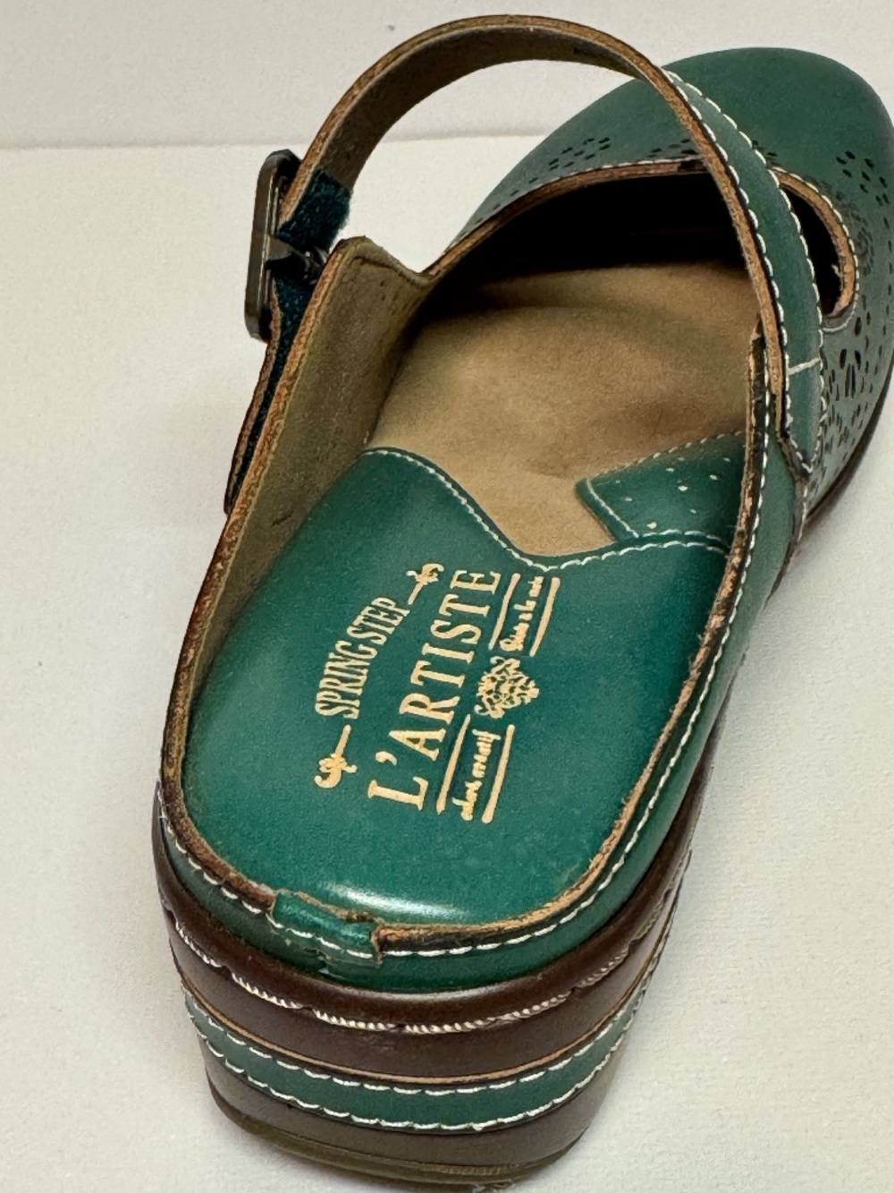 L’Artiste Aneira Green Leather Mary Jane Clogs EU 37 Boho Comfort Clogs - Picture 10 of 13